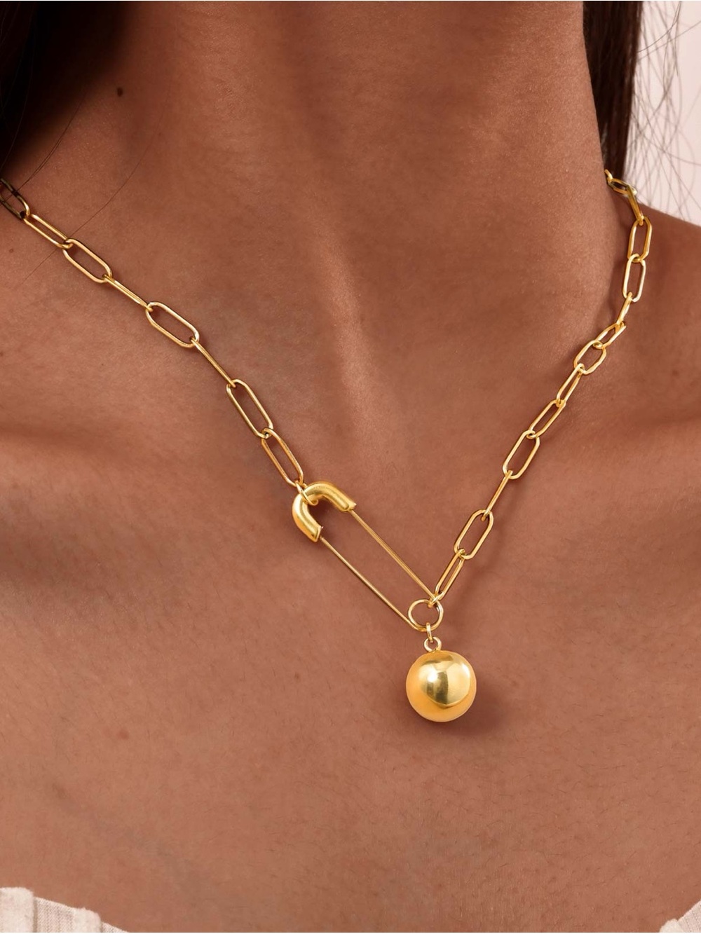 Gold Ball Pendant Paperclip Chain Necklace -